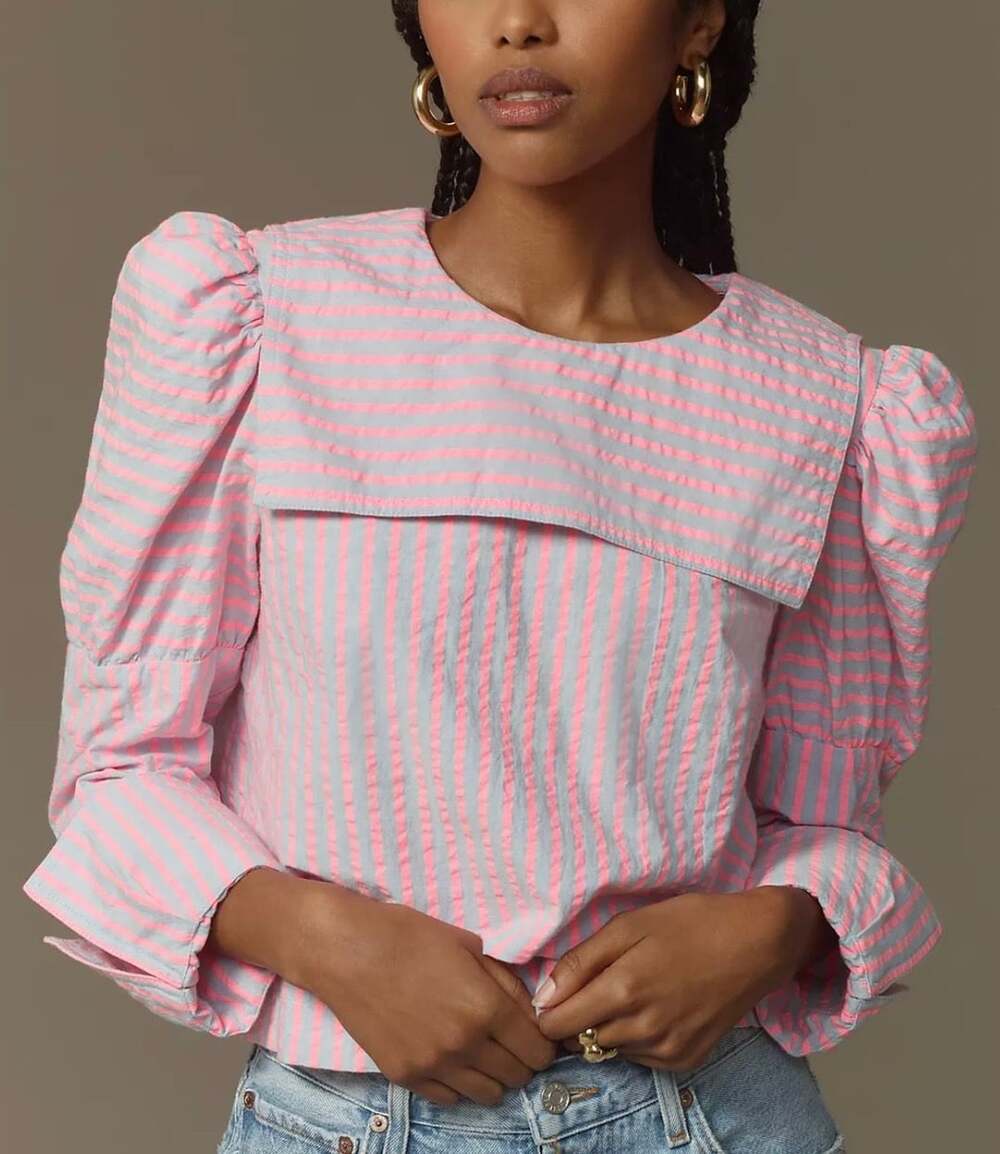 Maeve Puff-Sleeve Seersucker Blouse in Pink Stripe Size M